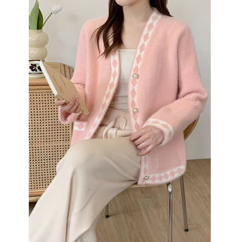 Damen Flauschige Strickjacke mit Dekorativem Muster Drune