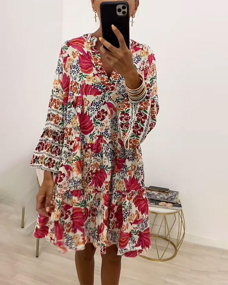 Damen nan florales Volant-Minikleid im Boho‑Stil mit V‑Ausschnitt und stufiger Silhouette Drune