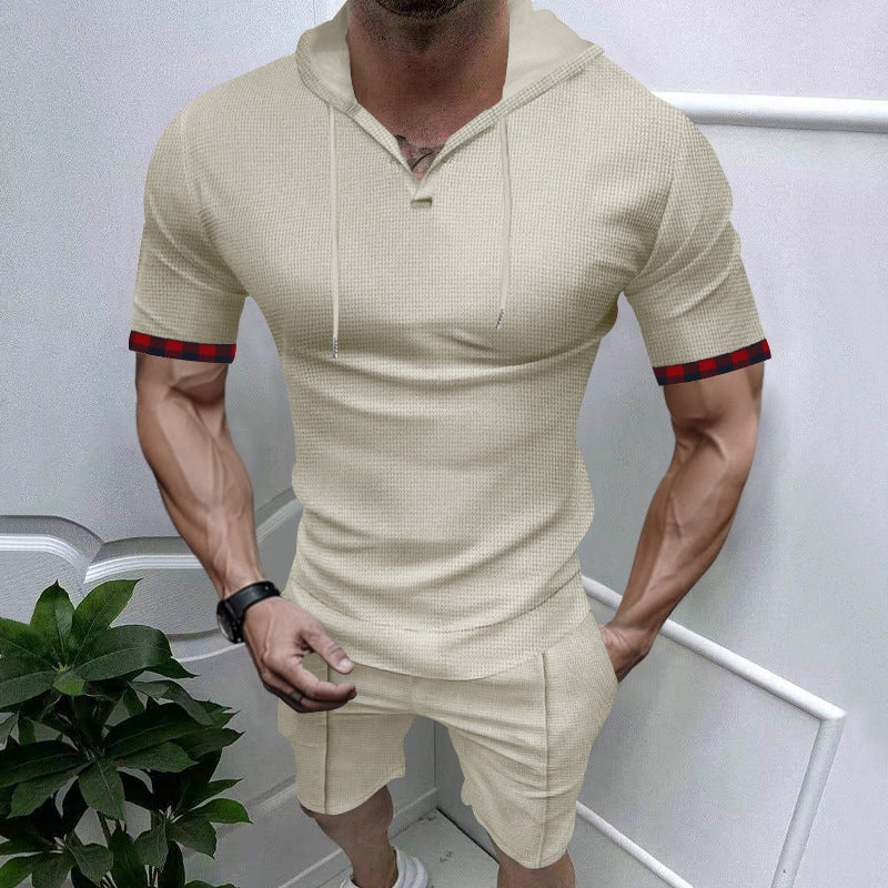 Herren nan sommerliches Kapuzen-Lounge-Set in leichter Waffelstruktur mit Kurzarm-Hoodie Henley-Öffnung und Komfort-Shorts Drune