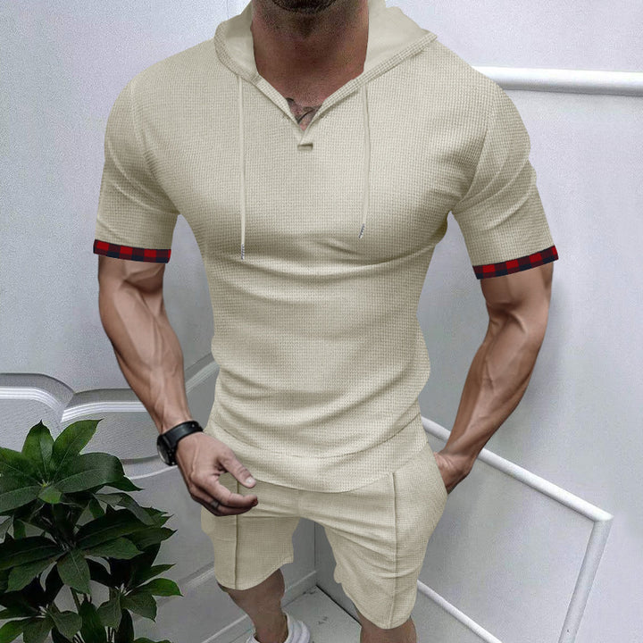 Herren nan sommerliches Kapuzen-Lounge-Set in leichter Waffelstruktur mit Kurzarm-Hoodie Henley-Öffnung und Komfort-Shorts Drune