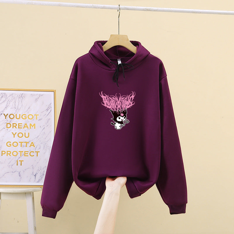 Damen nan Kapuzenpullover mit Gothic‑Kawaii Print, Oversize‑Schnitt und weichem Fleeceinnenfutter Drune