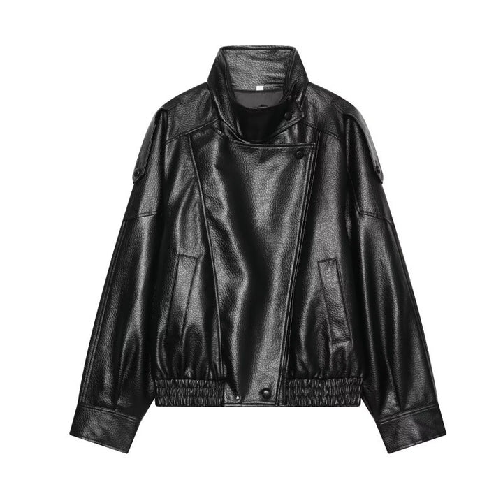 Damen Kunstleder-Bomberjacke mit hohem Stehkragen, asymmetrischem Verschluss und elastischem Saum Drune