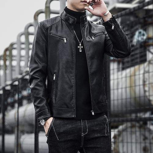 Herren Kunstleder-Motojacke im Aviator‑Stil mit Stehkragen und funktionalen Reißverschlüssen Drune