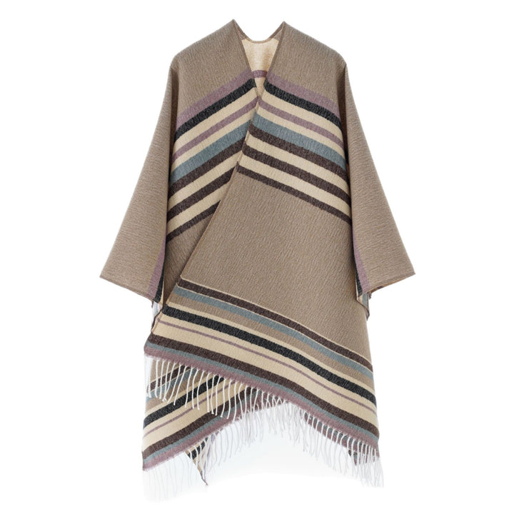 Damen kastiger Capeponcho mit V-Ausschnitt, feinem Fransensaum und gestreifter Webstruktur Drune