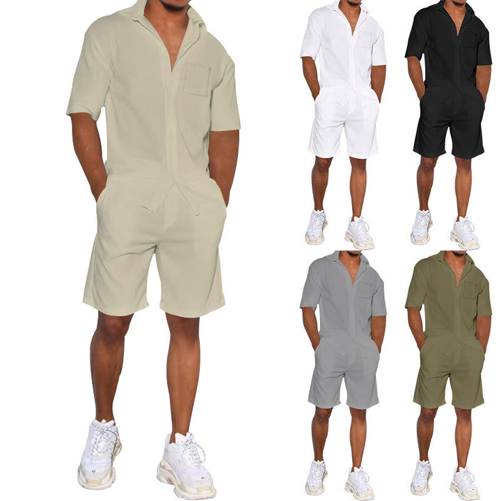 Herren nan legeres Resort-Zweiteiler mit offenem Kurzarm-Hemd, Brusttasche und elastischer Bermuda Drune