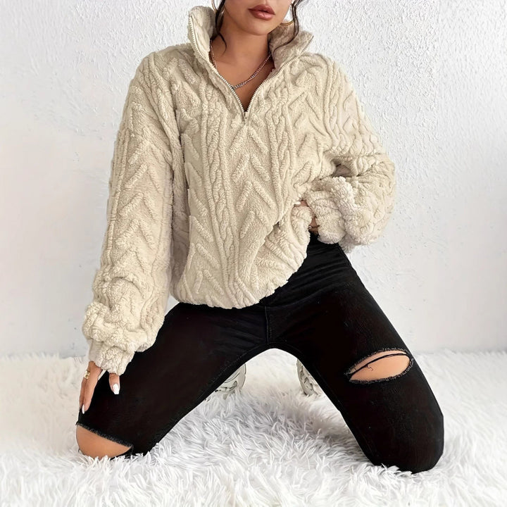 Damen kuscheliger Fleece-Pullover mit hochgeschlossenem Kragen und Reißverschluss Drune