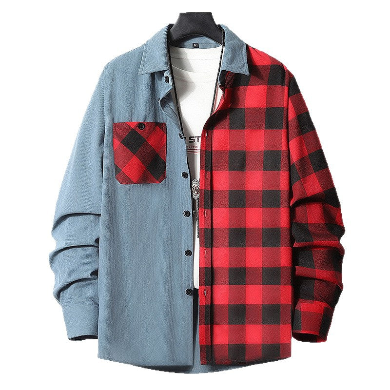 Herren Halbgespaltenes Overshirt im Lumberjack-Karo mit kontrastierender Uni‑Seite, Brusttasche und durchgehender Knopfleiste Drune