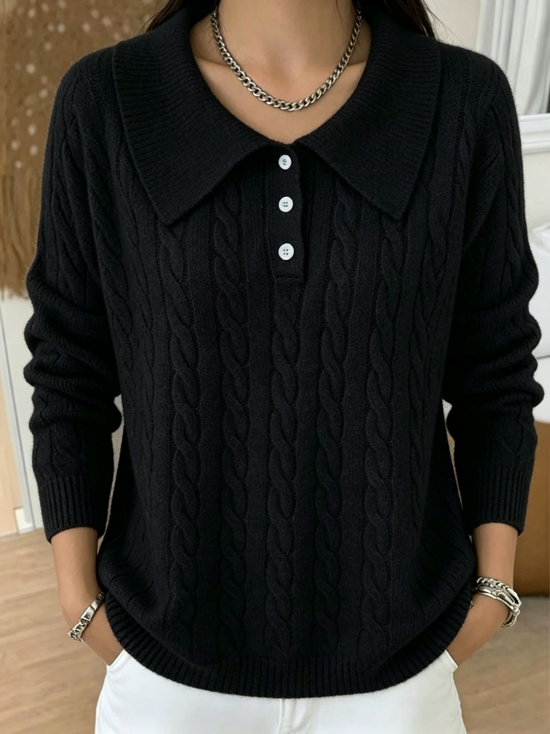 Damen Kabelstrick-Polo-Pullover mit großem Umlegekragen und lockerer Silhouette Drune