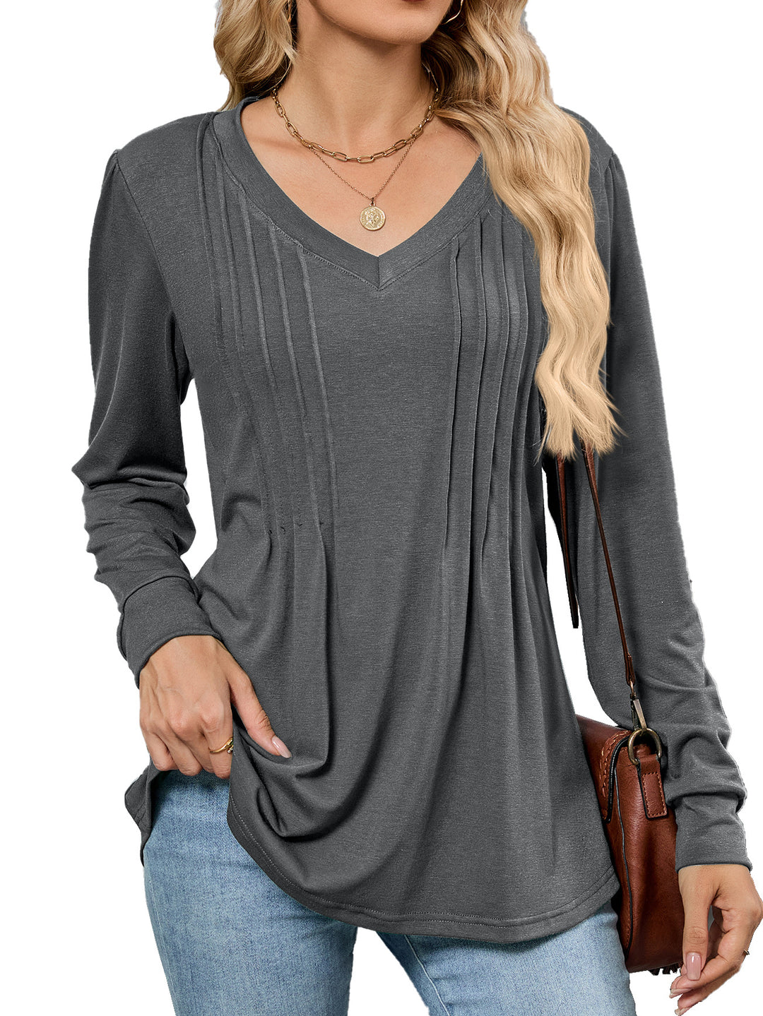 Damen Viskose Blusenshirt mit eleganten Falten und V-Ausschnitt Drune