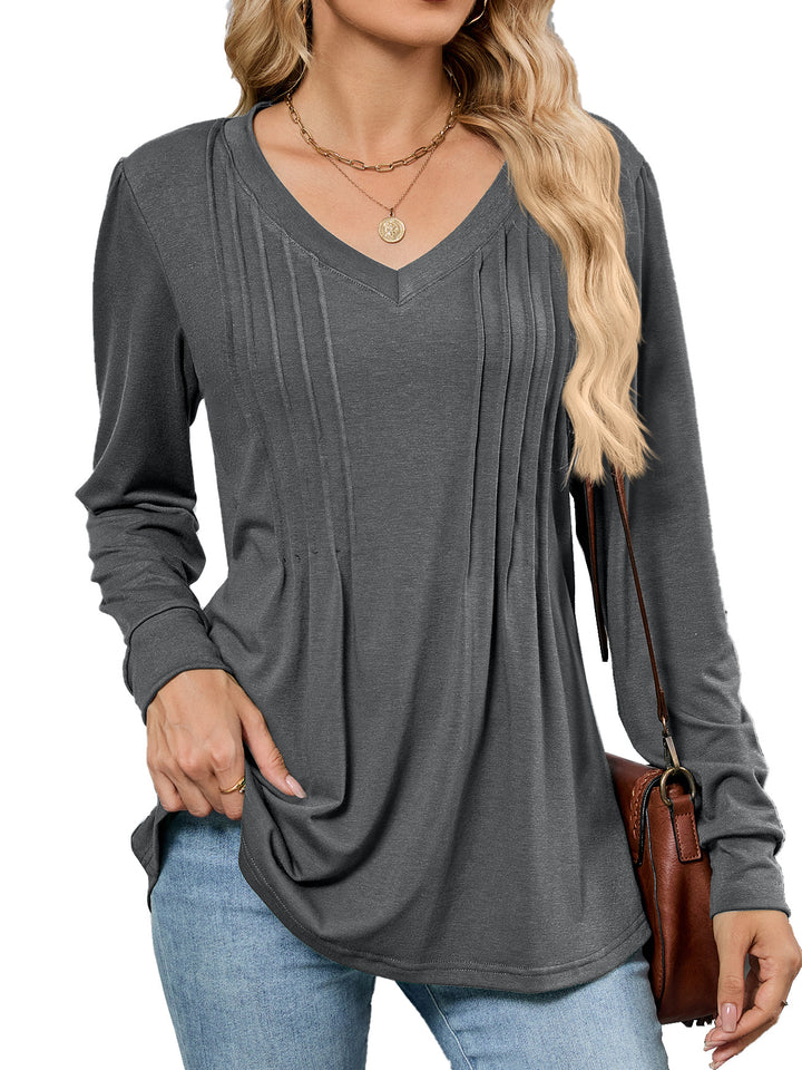 Damen Viskose Blusenshirt mit eleganten Falten und V-Ausschnitt Drune
