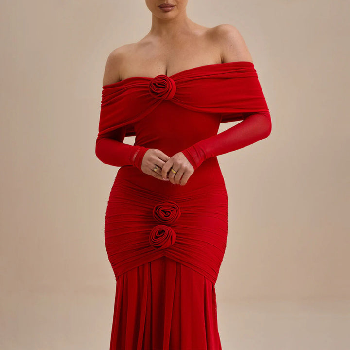 Damen Maxikleid mit schulterfreier Silhouette und dekorativen Rosen Drune
