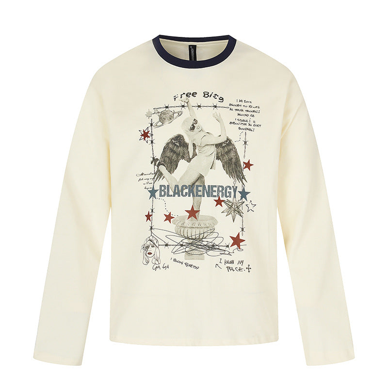 Damen Langarmshirt mit Vintage-Illustration, Kontrastkragen und Relaxed-Fit Drune