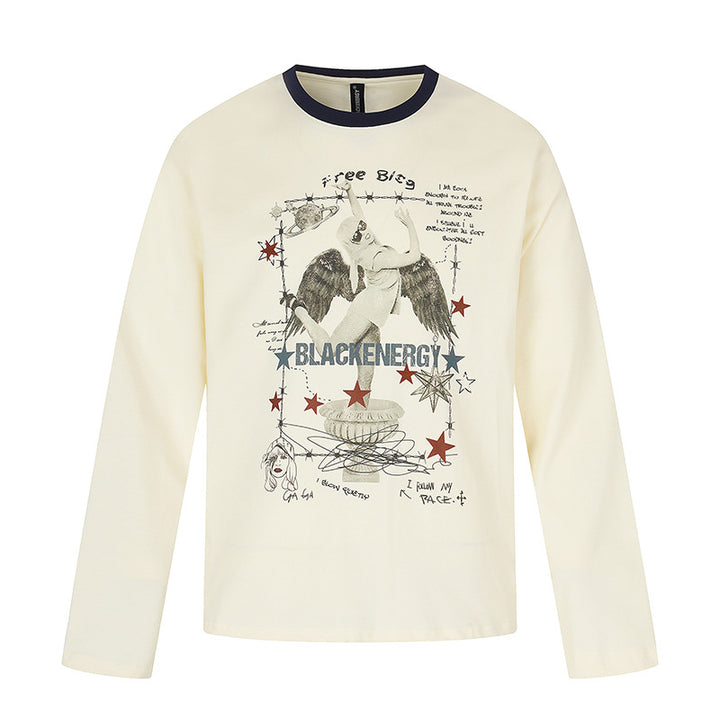 Damen Langarmshirt mit Vintage-Illustration, Kontrastkragen und Relaxed-Fit Drune