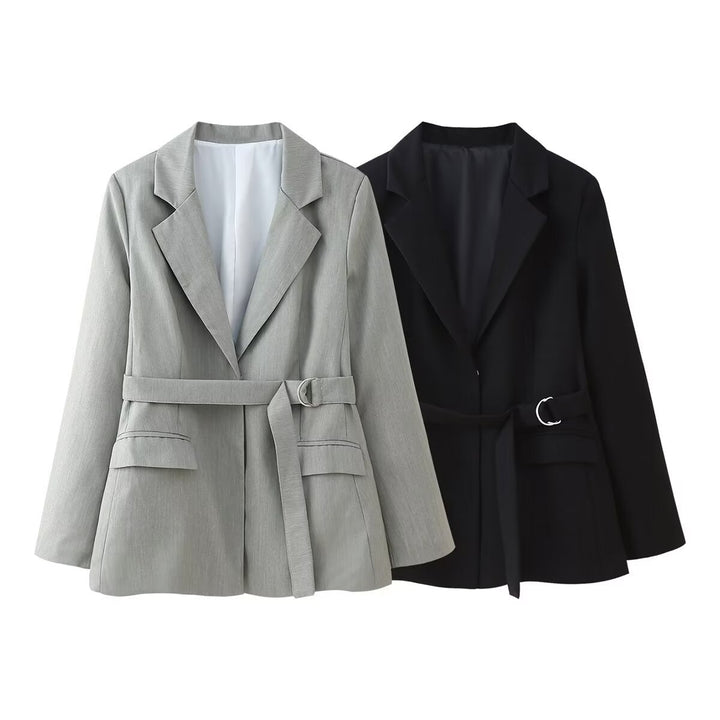 Damen nan taillierter Blazer mit Bindegürtel, Pattentaschen und klassischem Revers Drune