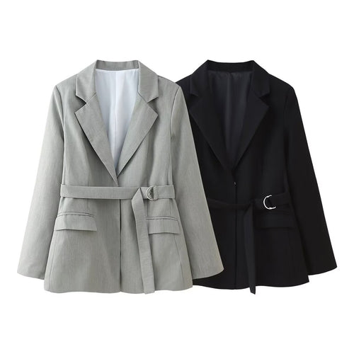 Damen nan taillierter Blazer mit Bindegürtel, Pattentaschen und klassischem Revers Drune