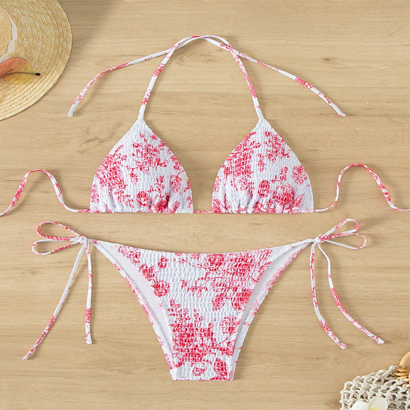 Damen Triangelbikini mit verspieltem Blütenmuster und einstellbaren Bindebändern Drune