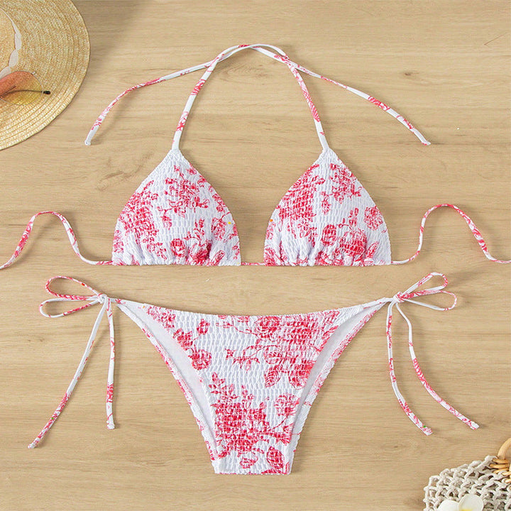 Damen Triangelbikini mit verspieltem Blütenmuster und einstellbaren Bindebändern Drune