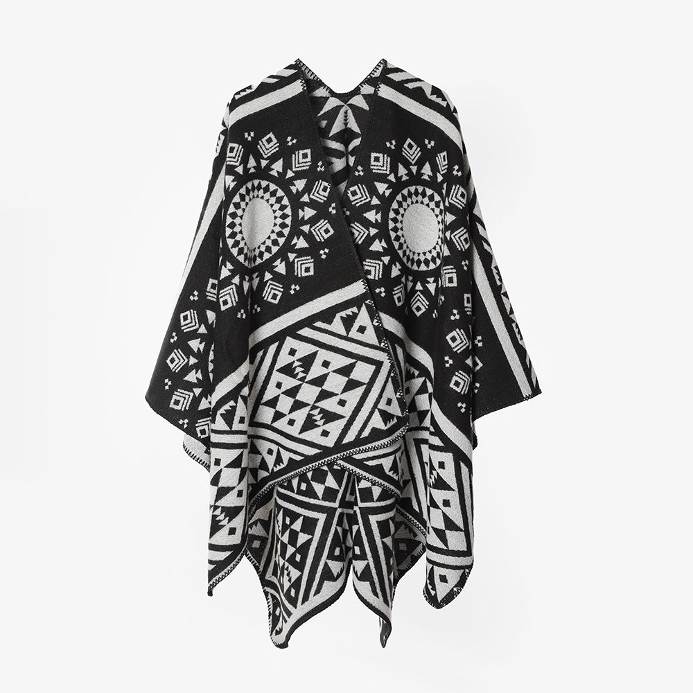 Damen Gewebter Oversize-Capeponcho mit aztekischem Jacquardmuster und dekorativer Kettelkante Drune