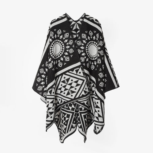 Damen Gewebter Oversize-Capeponcho mit aztekischem Jacquardmuster und dekorativer Kettelkante Drune