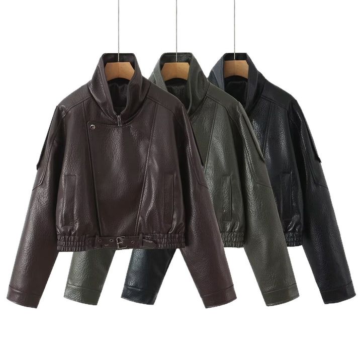 Damen Cropped Bikerblouson aus veganer Lederoptik mit asymmetrischer Frontpatte und Taillenbund Drune