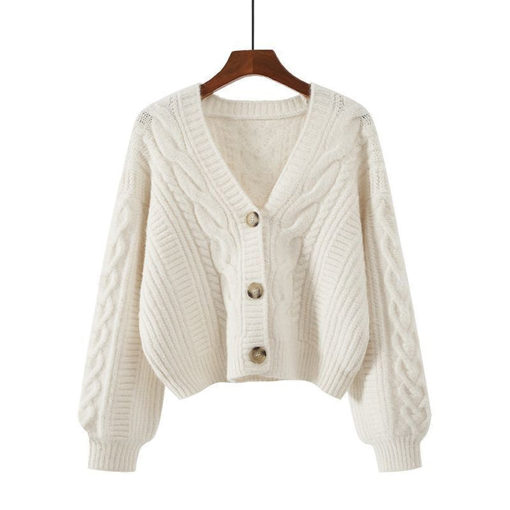 Damen Strickjacke mit ausgefallenem Zopfmuster und tiefem V-Ausschnitt Drune