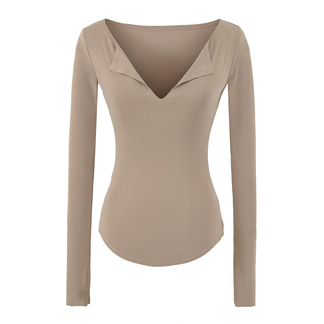 Damen Figurbetontes Rippenstrick-Longsleeve mit tiefem V‑Ausschnitt und Kragenblende Drune