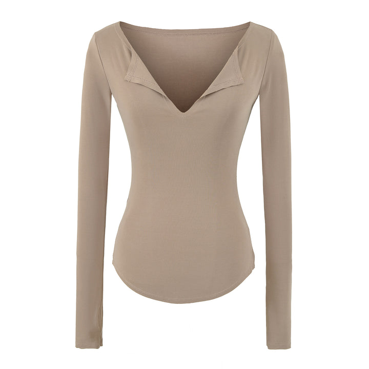 Damen Figurbetontes Rippenstrick-Longsleeve mit tiefem V‑Ausschnitt und Kragenblende Drune