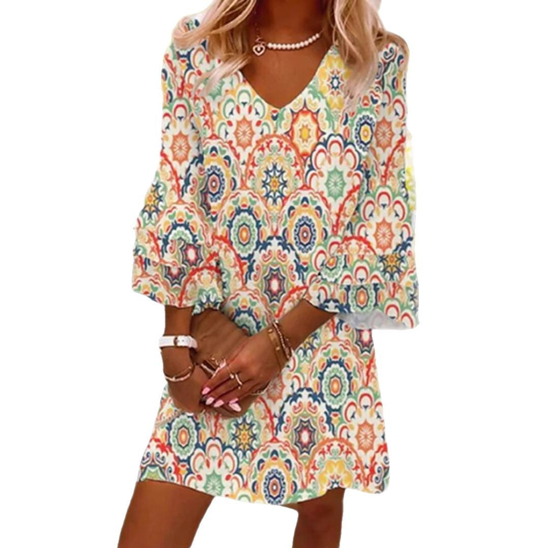 Damen nan locker fallendes A‑Linien‑Minikleid mit V‑Ausschnitt dreiviertel‑Glockenärmeln und ornamentalem Mandala‑Print Drune