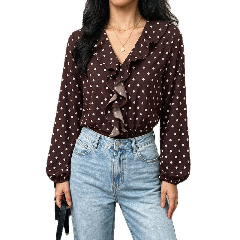 Damen Gepunktete Rüschenbluse mit V‑Ausschnitt, langen Ärmeln und elastischen Manschetten Drune