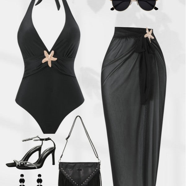 Damen Halterneck Bademode mit transparentem Pareo Drune