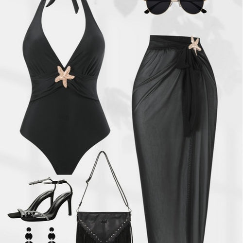 Damen Halterneck Bademode mit transparentem Pareo Drune