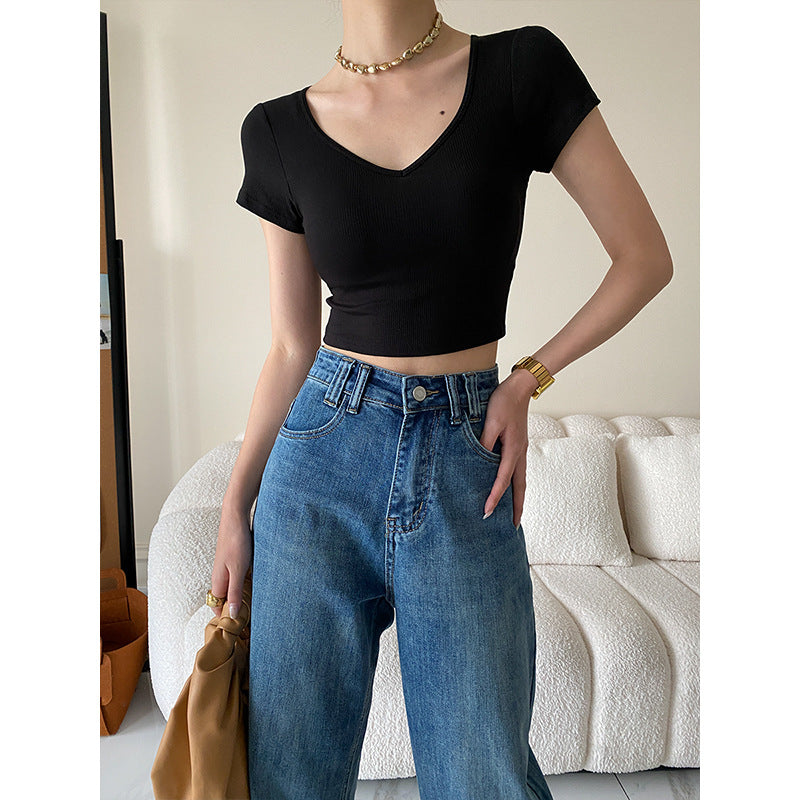 Damen kurzärmliges Crop-Top mit V-Ausschnitt Drune