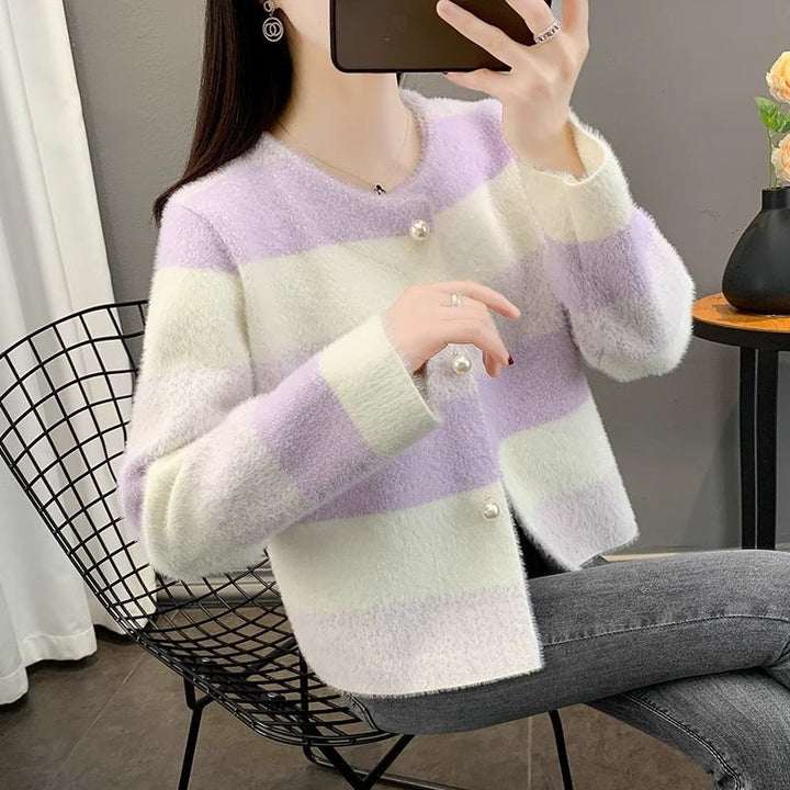 Damen Flauschiger Grobstrick-Cardigan mit Perlenknöpfen Drune