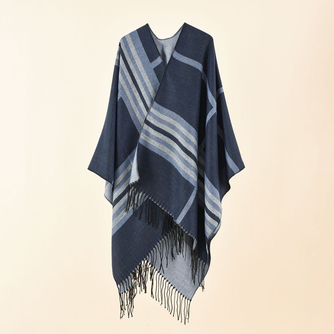 Damen Kastiger Ruana-Überwurf mit Fransen und diagonalem Streifenjacquard Drune