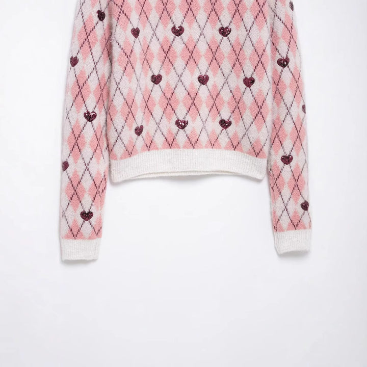 Damen nan verspielter Argyle-Strickpullover mit Paillettenherzen und Rundhalsausschnitt Drune