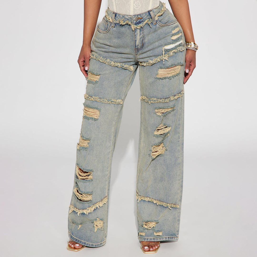 Damen Hochtaillierte Oversize-Jeans mit weitem Bein und ausgefransten Rissen Drune