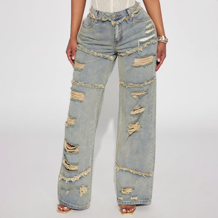 Damen Hochtaillierte Oversize-Jeans mit weitem Bein und ausgefransten Rissen Drune