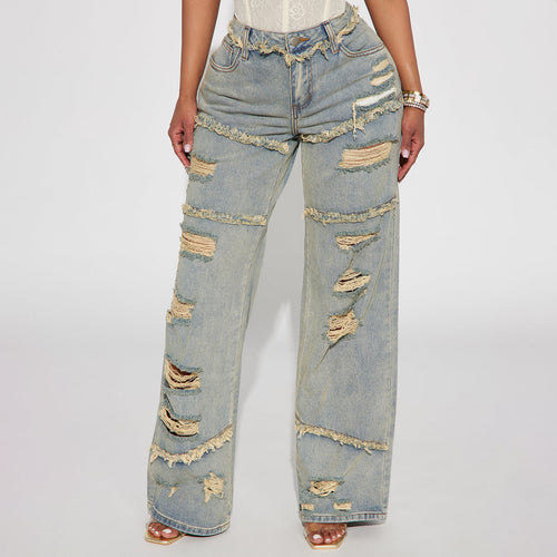 Damen Hochtaillierte Oversize-Jeans mit weitem Bein und ausgefransten Rissen Drune