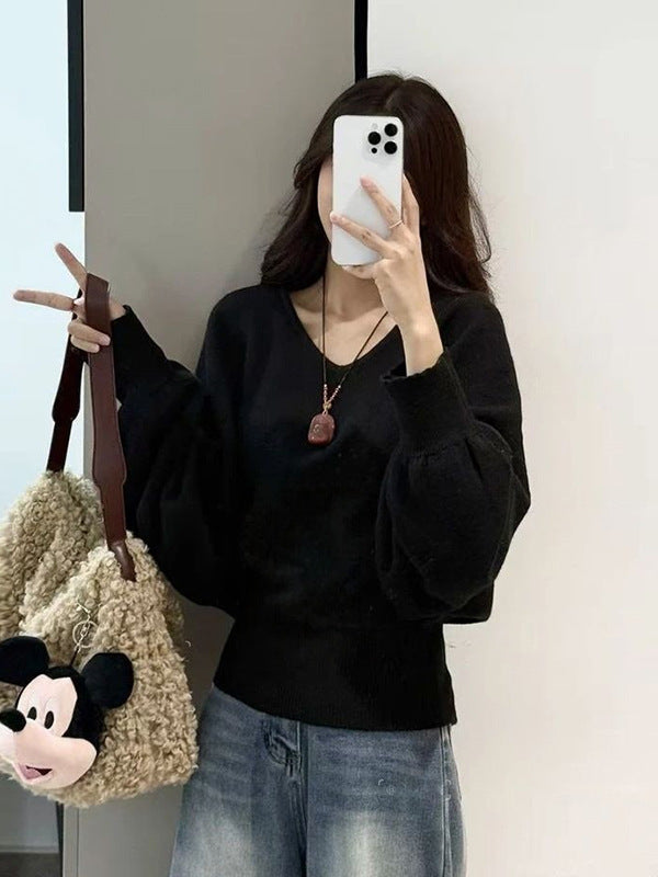 Damen lockerer Pullover mit taillierbarem Gürtel und V-Ausschnitt Drune