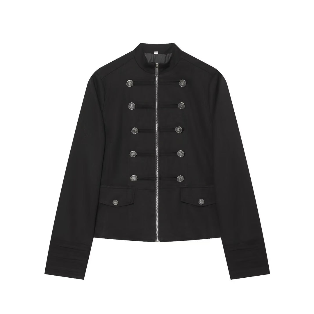 Damen Kurze Militärinspirierte Jacke mit Stehkragen Doppelreihenknöpfen und Reißverschluss Drune