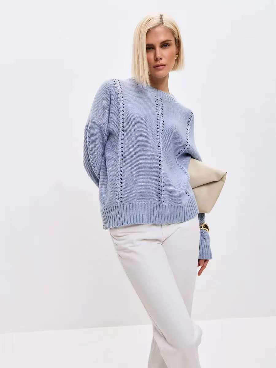 Damen Oversized Strickpullover mit feinem Ajourmuster und breitem Rippabschluss Drune