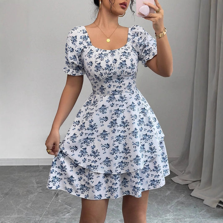 Damen Blütenprint Minikleid mit voluminösen Puffärmeln und schwingendem Saum Drune