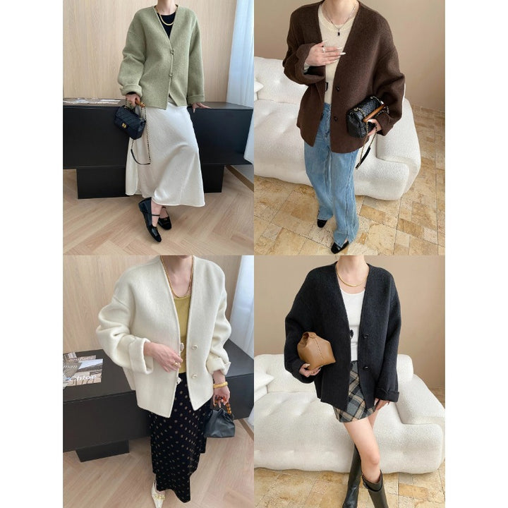 Damen lässige Wolljacke mit doppelter Knopfverschluss und weit geschnittenen Ärmeln Drune