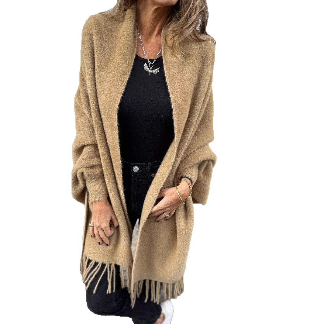 Damen nan langer kuscheliger Fransen-Cardigan mit Schalkragen und Oversize-Passform Drune