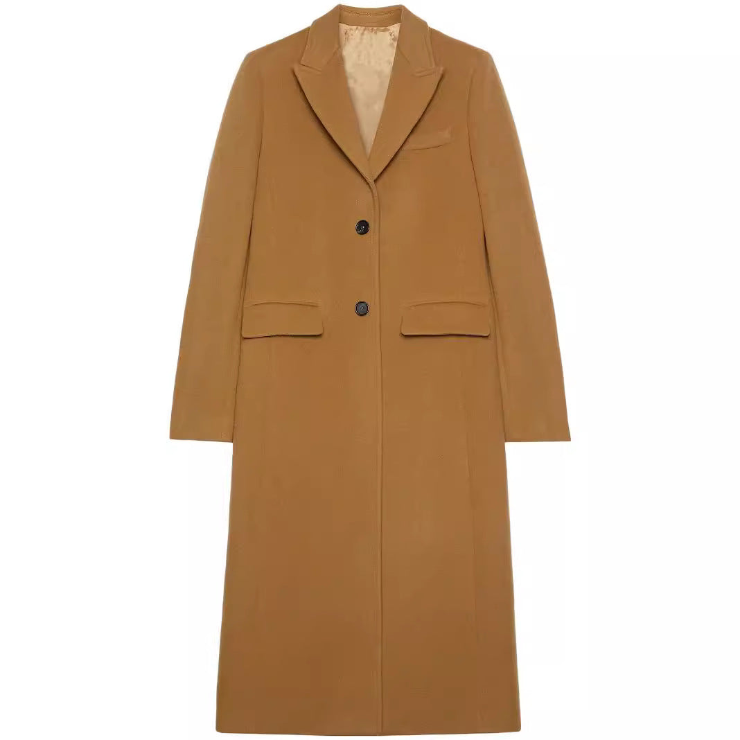 Damen Maxilanger Einreihiger Longcoat im minimalistischen Tailoring mit Pattentaschen Drune