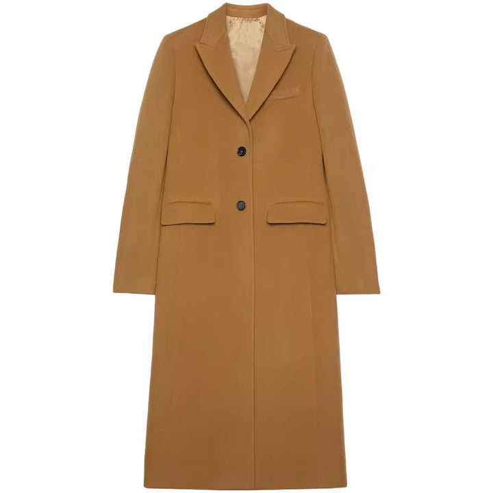 Damen Maxilanger Einreihiger Longcoat im minimalistischen Tailoring mit Pattentaschen Drune
