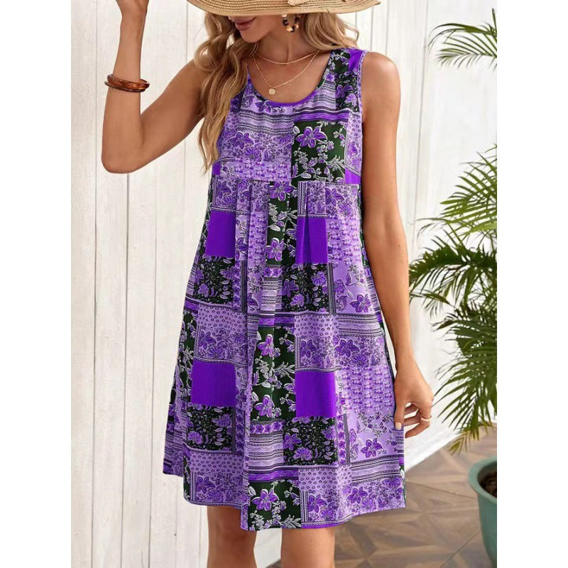 Damen Freizeitleinenkleid mit buntem Patchwork-Design Drune