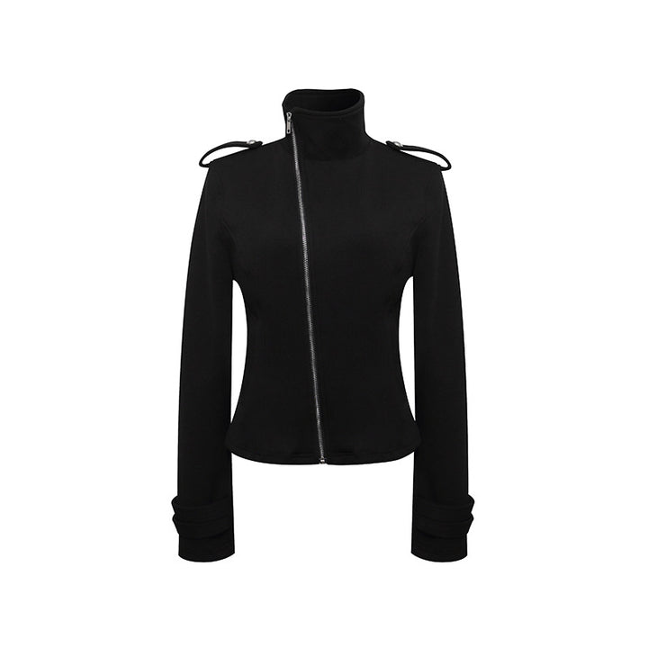 Damen Figurnahe Zip-Jacke mit Stehkragen, asymmetrischem Reißverschluss und Schulterklappen Drune