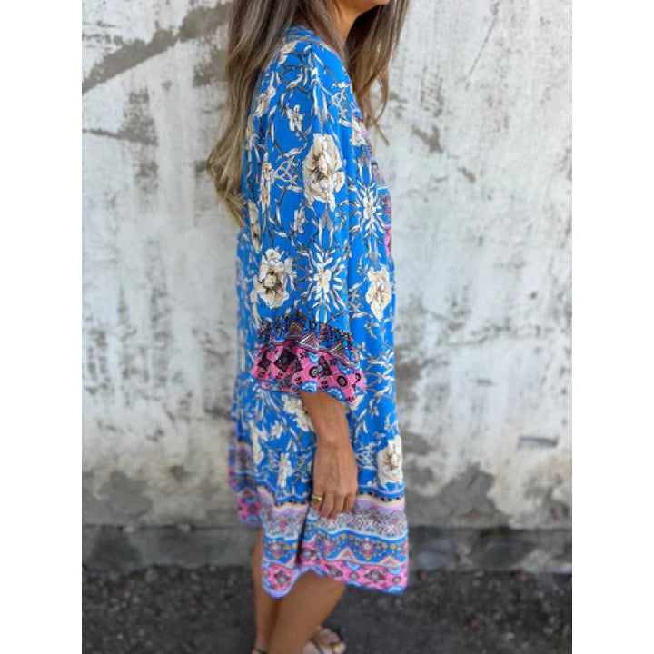 Damen lässiges Blusenkleid mit buntem Blumenmuster und knieumspielendem Saum Drune