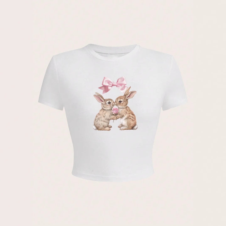 Damen Crop-Top mit entzückendem Kaninchenmotiv und Schleifendruck Drune